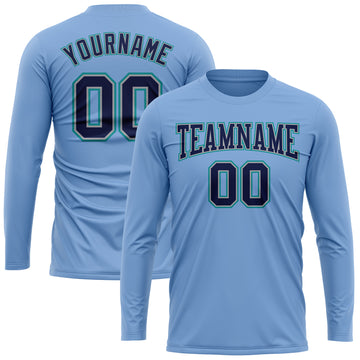 Custom Light Blue Navy Gray-Aqua Long Sleeve Performance T-Shirt