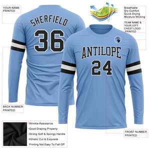 Custom Light Blue Black-White Long Sleeve Performance T-Shirt