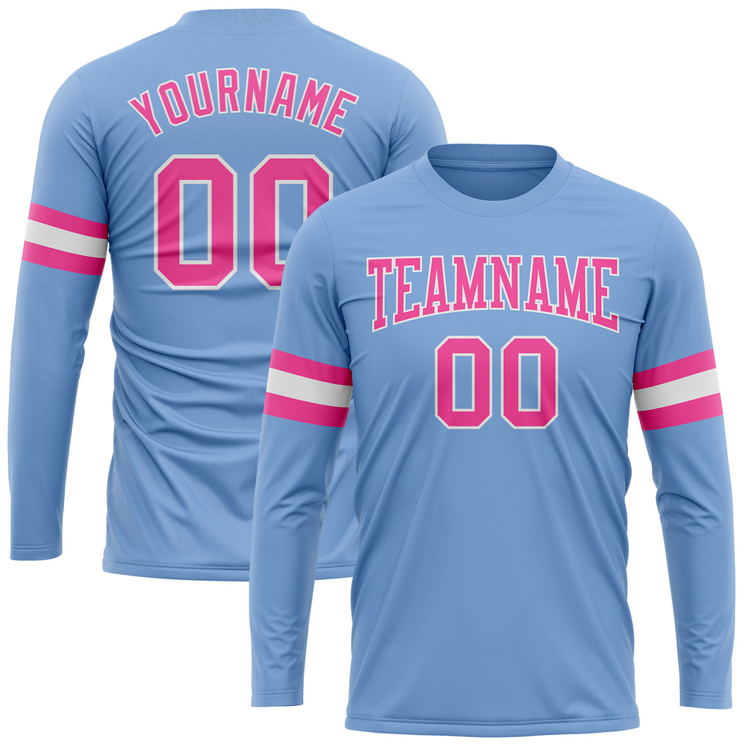 Custom Light Blue Pink-White Long Sleeve Performance T-Shirt