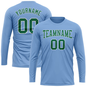 Custom Light Blue Kelly Green-White Long Sleeve Performance T-Shirt