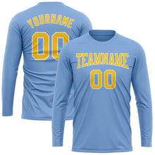 Load image into Gallery viewer, Custom Light Blue Gold-White Long Sleeve Performance T-Shirt
