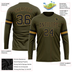 Custom Olive Black-Old Gold Long Sleeve Performance Salute To Service T-Shirt