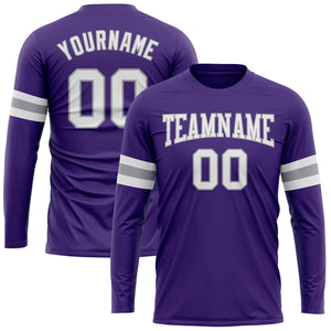 Custom Purple White-Gray Long Sleeve Performance T-Shirt