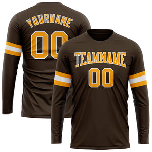 Custom Brown Gold-White Long Sleeve Performance T-Shirt