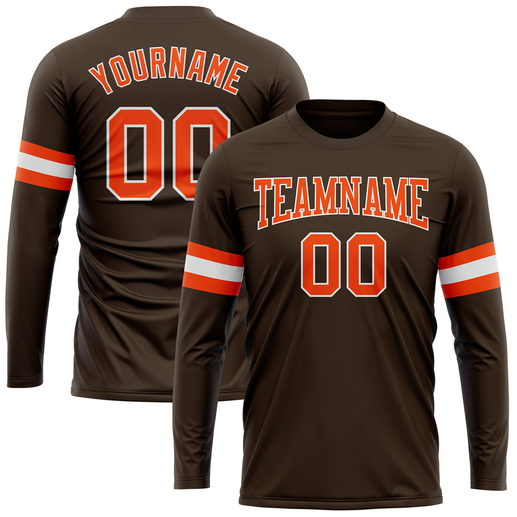 Custom Brown Orange-White Long Sleeve Performance T-Shirt