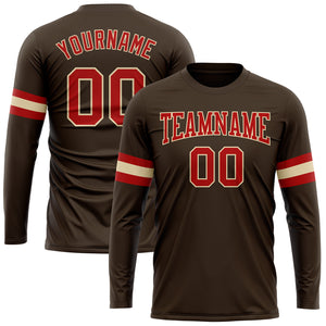 Custom Brown Red-Cream Long Sleeve Performance T-Shirt