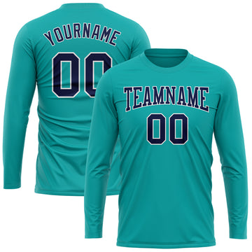 Custom Aqua Navy-White Long Sleeve Performance T-Shirt