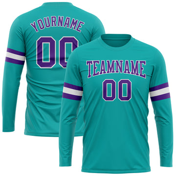 Custom Aqua Purple-White Long Sleeve Performance T-Shirt