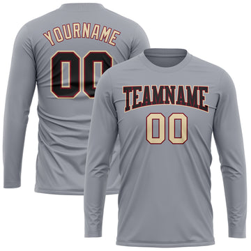 Custom Gray Black Crimson-Cream Long Sleeve Performance T-Shirt