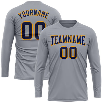 Custom Gray Navy-Gold Long Sleeve Performance T-Shirt