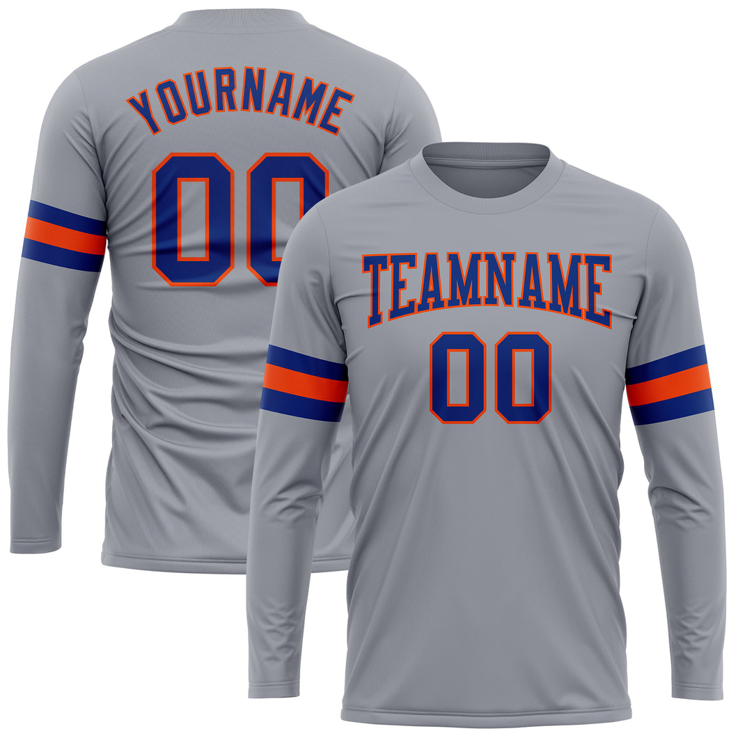 Custom Gray Royal-Orange Long Sleeve Performance T-Shirt