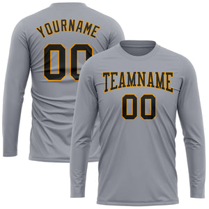 Custom Gray Black-Gold Long Sleeve Performance T-Shirt