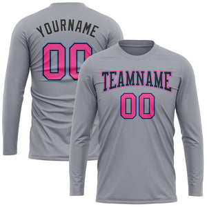 Custom Gray Pink Black-Light Blue Long Sleeve Performance T-Shirt