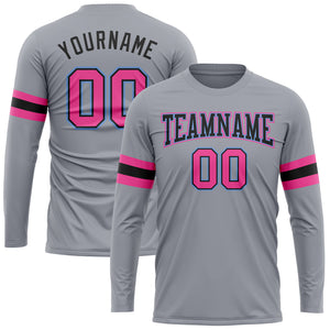 Custom Gray Pink Black-Light Blue Long Sleeve Performance T-Shirt