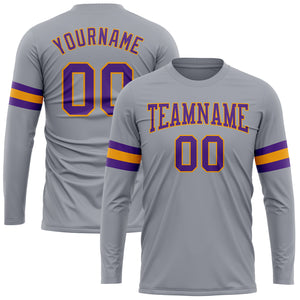 Custom Gray Purple-Gold Long Sleeve Performance T-Shirt