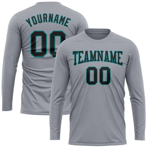 Custom Gray Black-Aqua Long Sleeve Performance T-Shirt