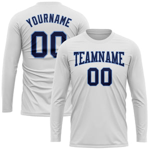 Custom White Navy-Light Blue Long Sleeve Performance T-Shirt