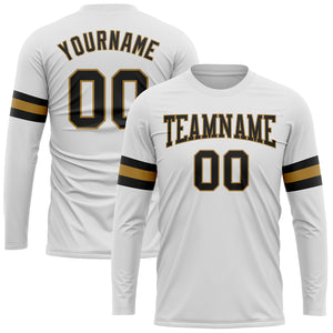 Custom White Black-Old Gold Long Sleeve Performance T-Shirt