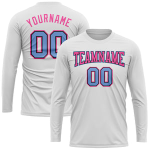 Custom White Light Blue Black-Pink Long Sleeve Performance T-Shirt