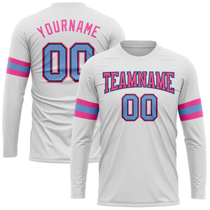 Custom White Light Blue Black-Pink Long Sleeve Performance T-Shirt