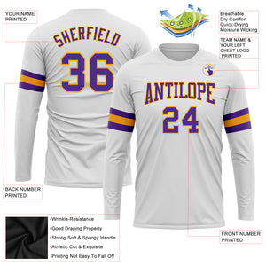 Custom White Purple-Gold Long Sleeve Performance T-Shirt