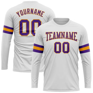 Custom White Purple-Gold Long Sleeve Performance T-Shirt