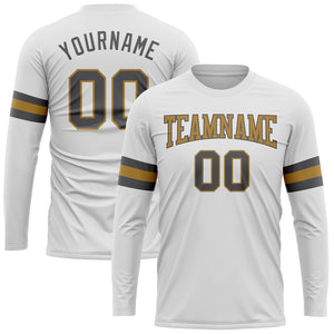 Custom White Steel Gray-Old Gold Long Sleeve Performance T-Shirt