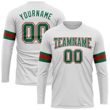 Custom White Kelly Green-Red Long Sleeve Performance T-Shirt