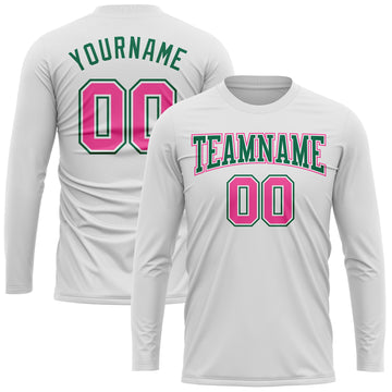 Custom White Pink-Kelly Green Long Sleeve Performance T-Shirt