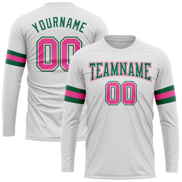 Custom White Pink-Kelly Green Long Sleeve Performance T-Shirt