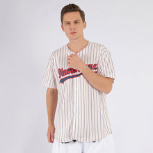Load image into Gallery viewer, Custom Cream Navy Pinstripe Navy-Red Baseball Jersey
