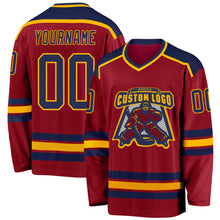 Load image into Gallery viewer, Custom Maroon Navy-Gold Hockey Jersey
