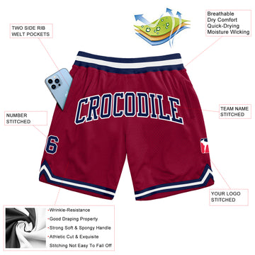 Custom Maroon Navy-White Authentic Throwback Basketball Shorts