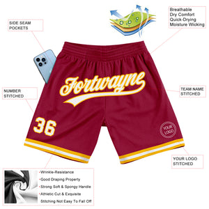 Custom Maroon White-Gold Authentic Throwback Basketball Shorts