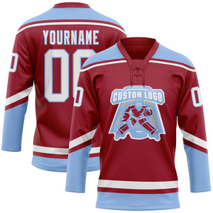 Custom Maroon White-Light Blue Hockey Lace Neck Jersey