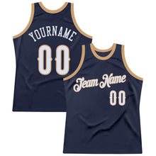 Load image into Gallery viewer, Custom Navy White-Old Gold Authentic Throwback Basketball Jersey
