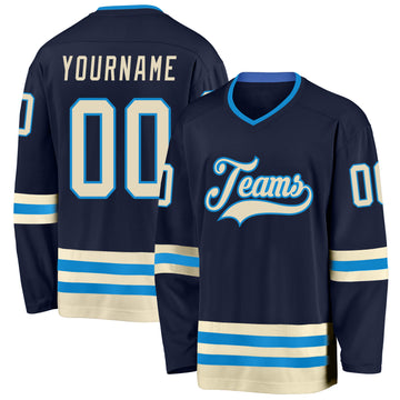 Custom Navy Cream-Blue Hockey Jersey