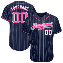 Load image into Gallery viewer, Custom Navy White Pinstripe Pink-White Authentic Baseball Jersey
