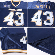 Load image into Gallery viewer, Custom Navy White-Old Gold Mesh Authentic Throwback Football Jersey
