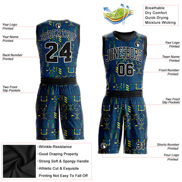 Custom Navy Black-Gold Round Neck Sublimation Basketball Suit Jersey