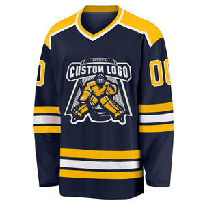 Custom Navy Gold-White Hockey Jersey