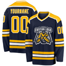 Load image into Gallery viewer, Custom Navy Gold-White Hockey Jersey
