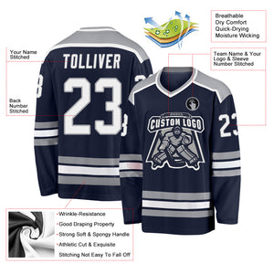 Custom Navy White-Gray Hockey Jersey