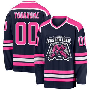 Custom Navy Pink-White Hockey Jersey