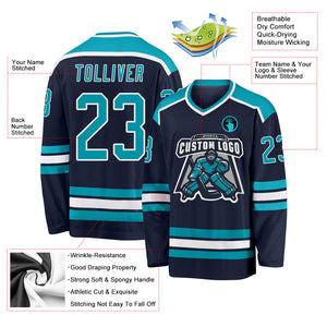 Custom Navy Teal-White Hockey Jersey