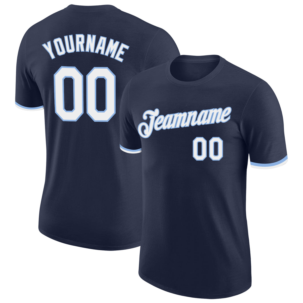 Custom Navy White-Light Blue Performance T-Shirt