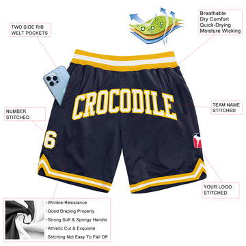 Custom Navy White-Gold Authentic Throwback Basketball Shorts