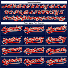 Load image into Gallery viewer, Custom Navy Red Pinstripe Cream Authentic Baseball Jersey
