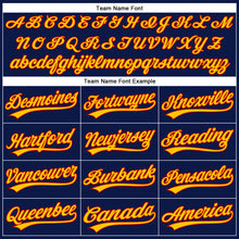 Load image into Gallery viewer, Custom Navy Yellow Pinstripe Red Authentic Baseball Jersey
