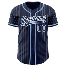 Load image into Gallery viewer, Custom Navy White Pinstripe Light Blue Authentic Baseball Jersey
